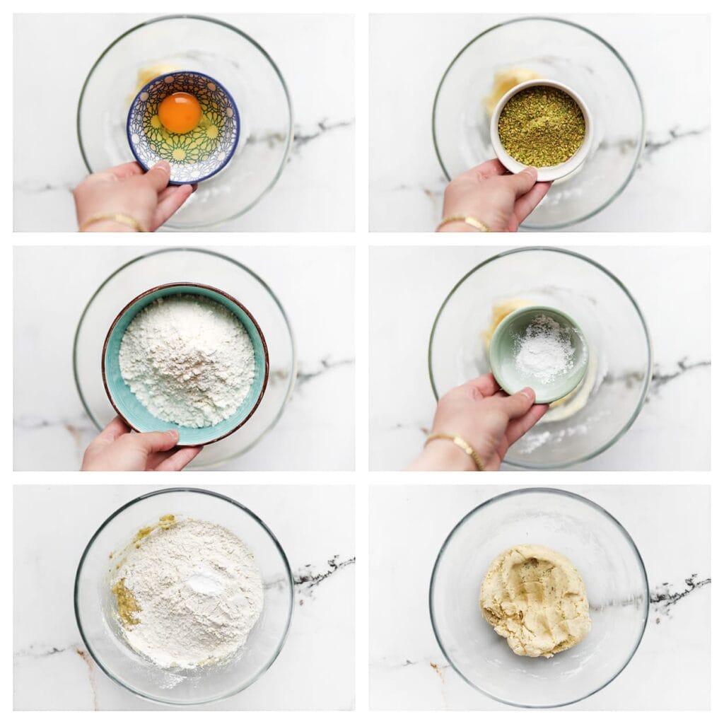 Voeg het ei en de fijngemalen pistachenoten toe, en meng goed. Voeg de bloem en het bakpoeder toe. Kneed tot een samenhangend deeg.