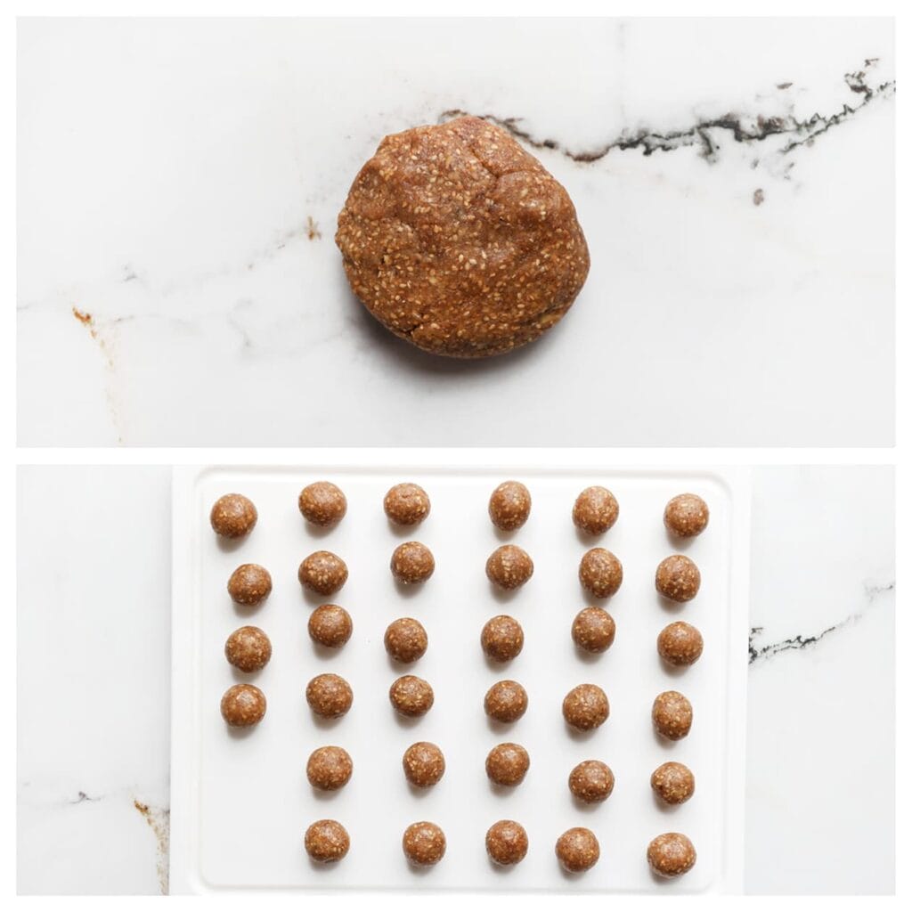 Neem 8 gram van het notenmengsel en rol er een bolletje van. Leg op een vel bakpapier en herhaal deze stap voor de rest van de vulling.