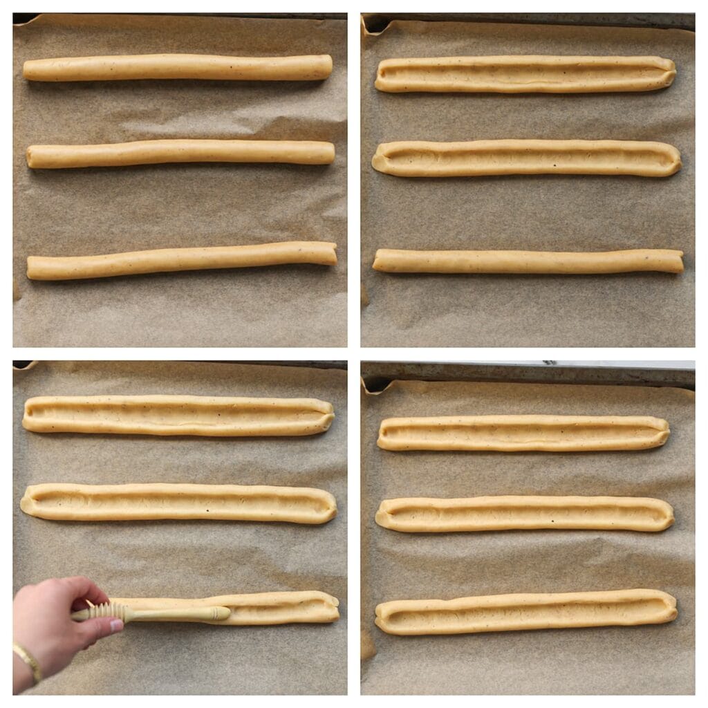 Leg de strengen op een met bakpapier beklede bakplaat. Gebruik een voorwerp om een verdieping in het midden te maken, zodat de randen iets omhoog blijven staan en de vulling goed blijft zitten.