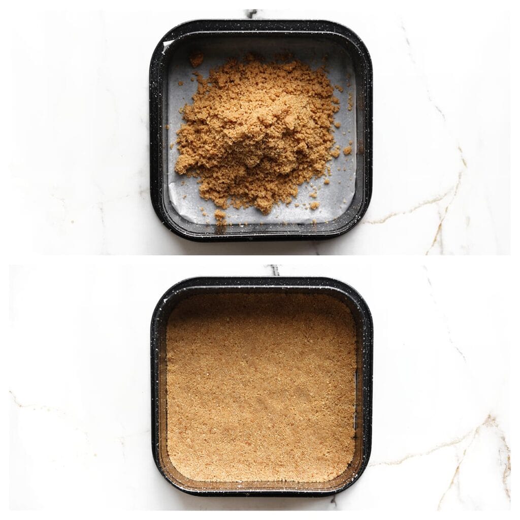 Bekleed een springvorm met bakpapier en verdeel het koekjesdeeg gelijkmatig over de bodem. Druk stevig aan met de achterkant van een lepel. Plaats de vorm kort in de koelkast.