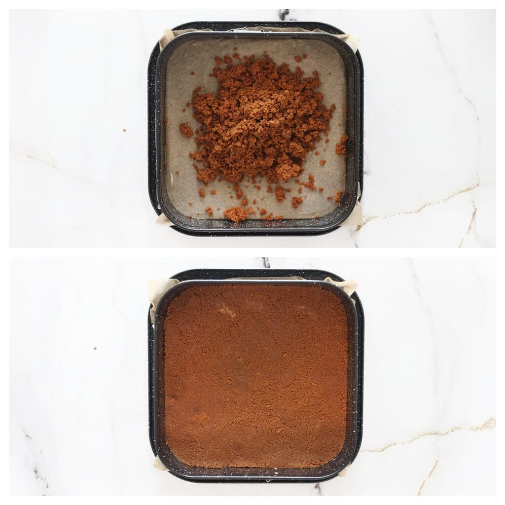 Verdeel het koekjesdeeg over een met bakpapier beklede springvorm en druk stevig aan met de achterkant van een lepel. Zet even in de koelkast.