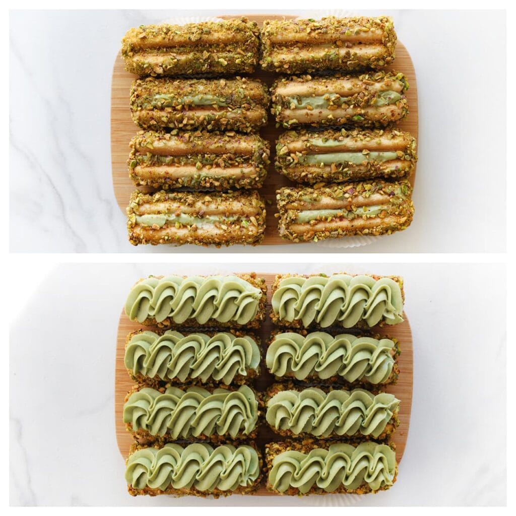 Plaats het gebakje op een papiertje en spuit bovenop een langwerpig toefje pistacheroom.