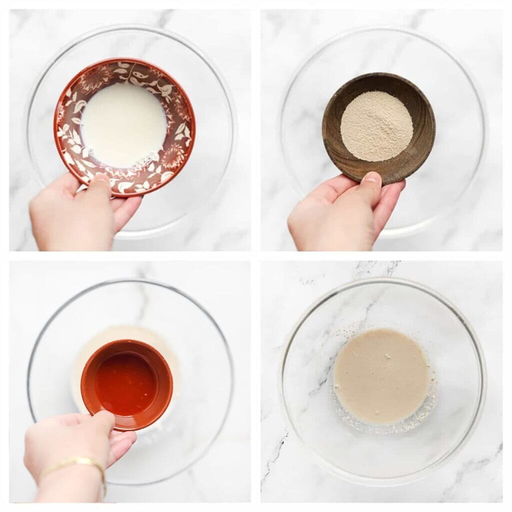 Doe de lauwwarme melk, gist en hot chilisaus in een kom. Meng goed en laat 5 minuten rusten.