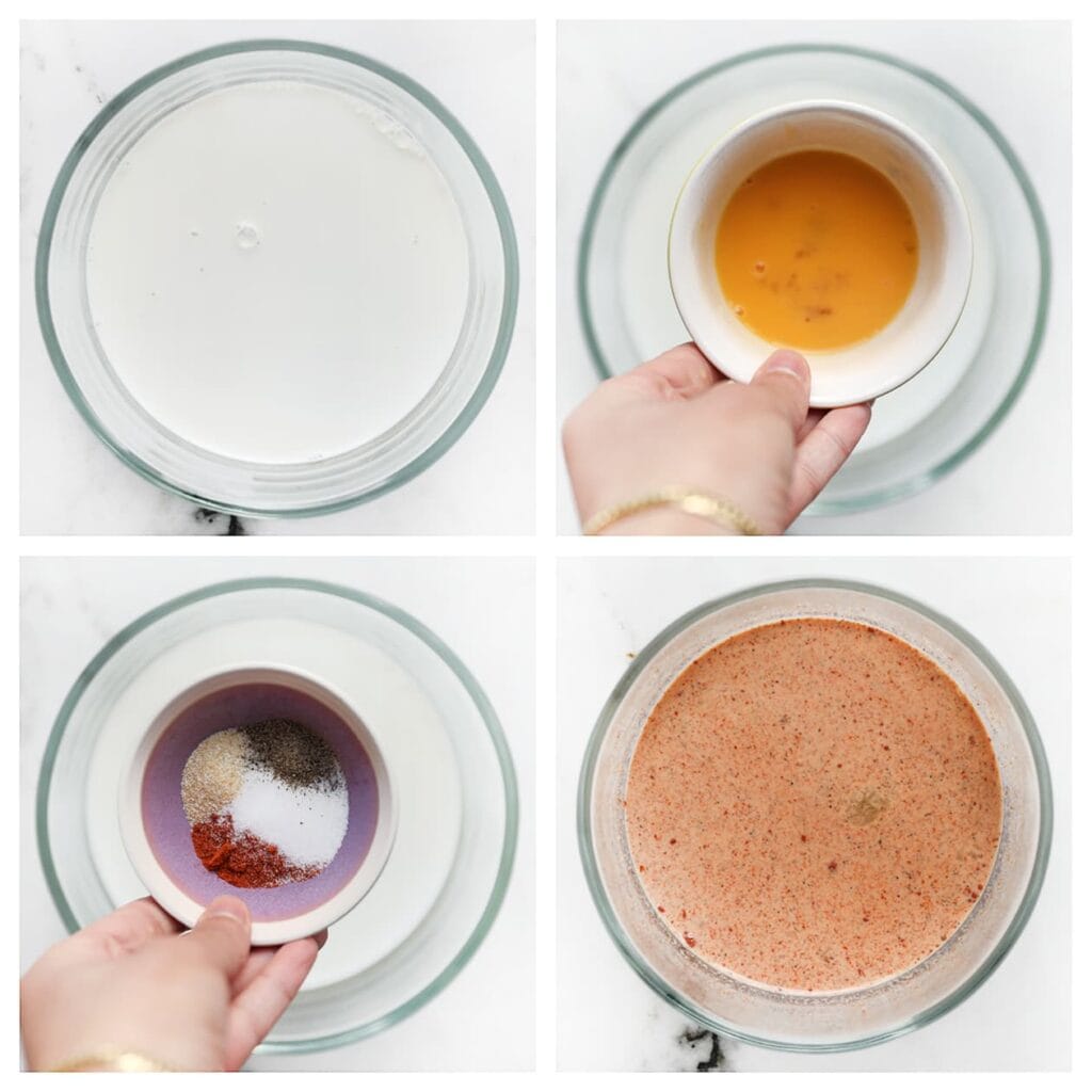 Doe de melk, het geklutste ei, zout, de cayennepeper, zwarte peper en uienpoeder in een kom. Meng goed.