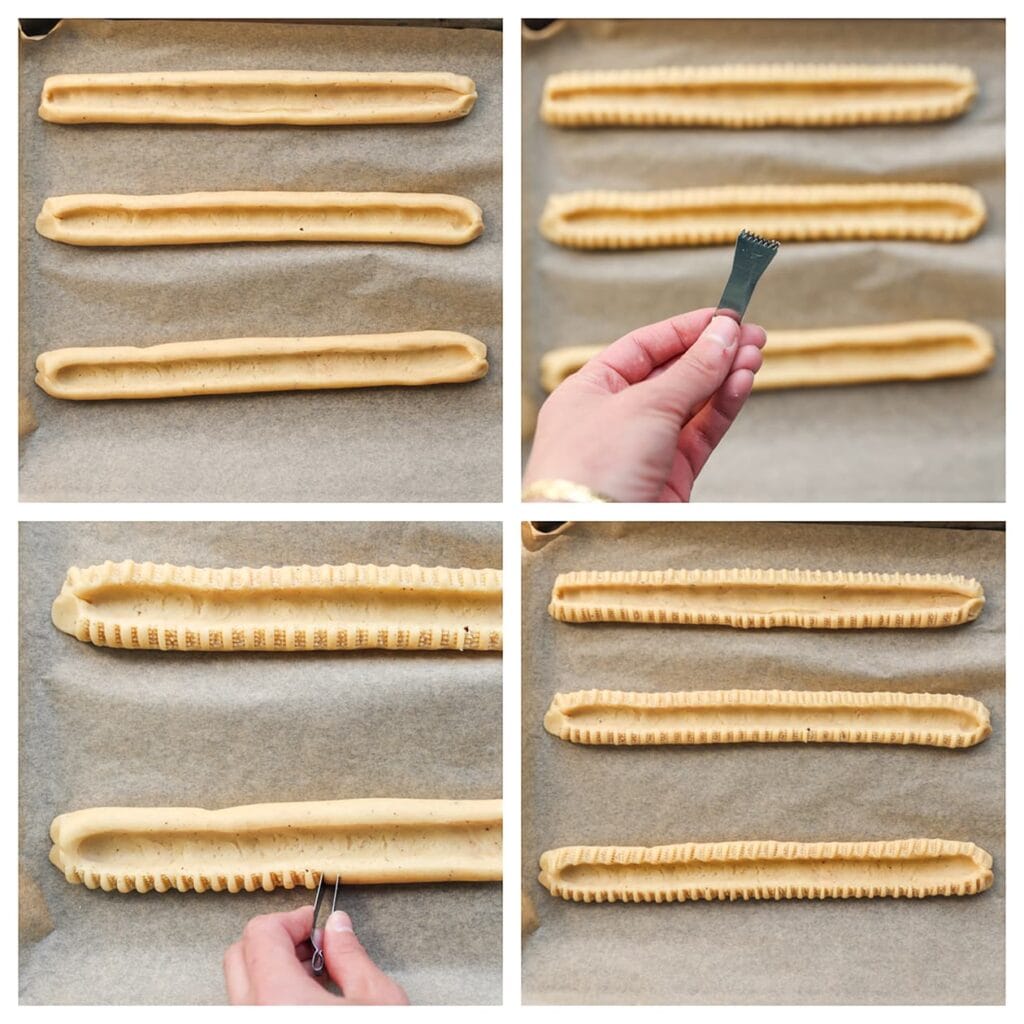 Knijp met een tangetje langs de randen om een decoratief patroon te drukken. Dit zorgt voor een mooi effect en een knapperige rand.