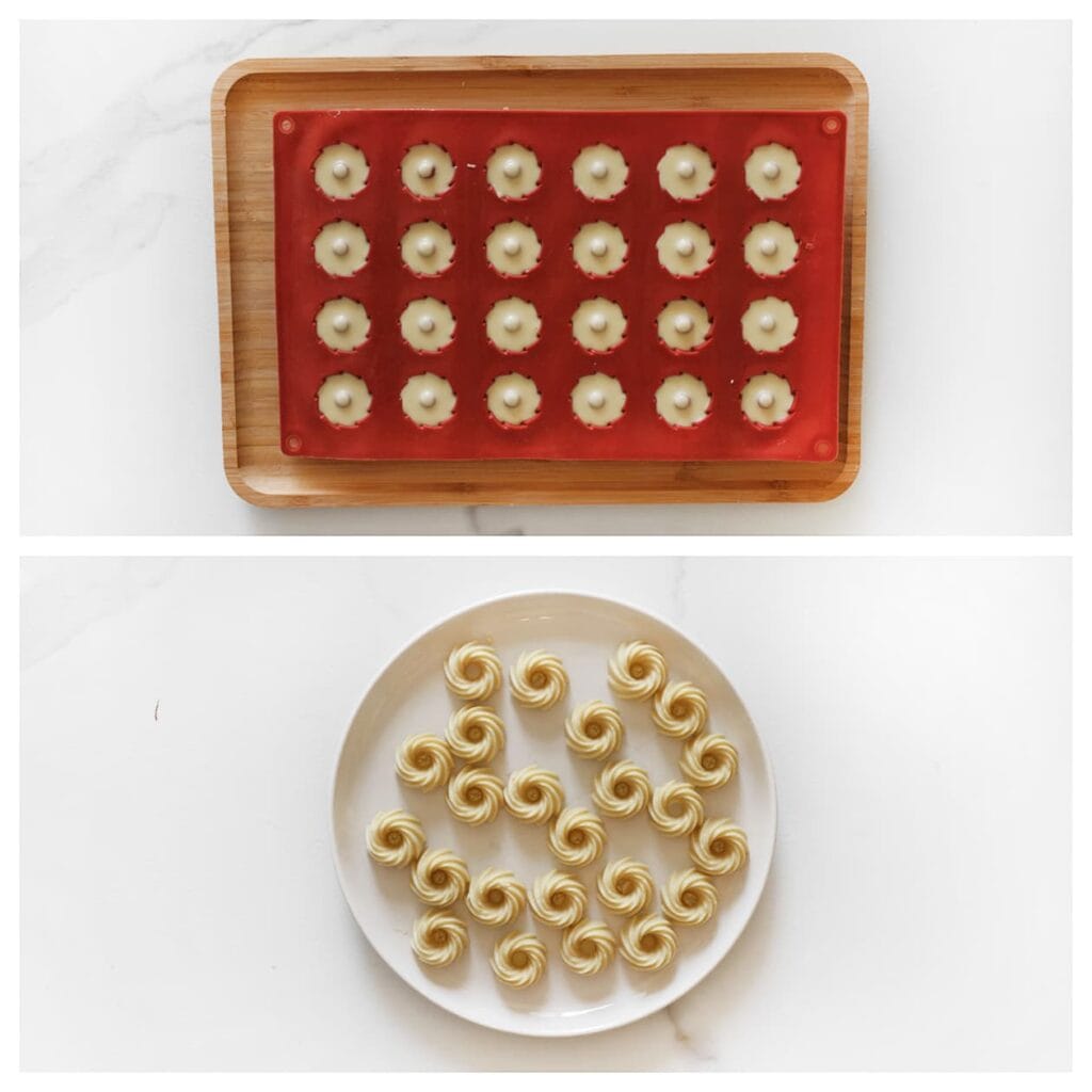 Neem een siliconenvorm en vul de tulbandjes met de gesmolten witte chocolade. Zet de vorm even in de koelkast of vriezer om de chocolade goed te laten uitharden.