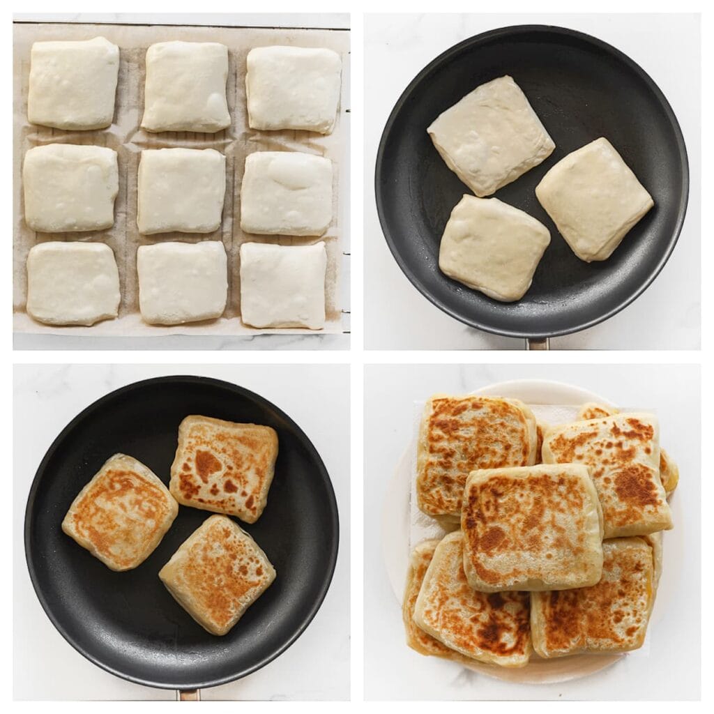 Plaats de gevulde msmen met kip op een vel bakpapier. Bak de msmen in een koekenpan op middelhoog vuur aan beide kanten goudbruin en gaar.