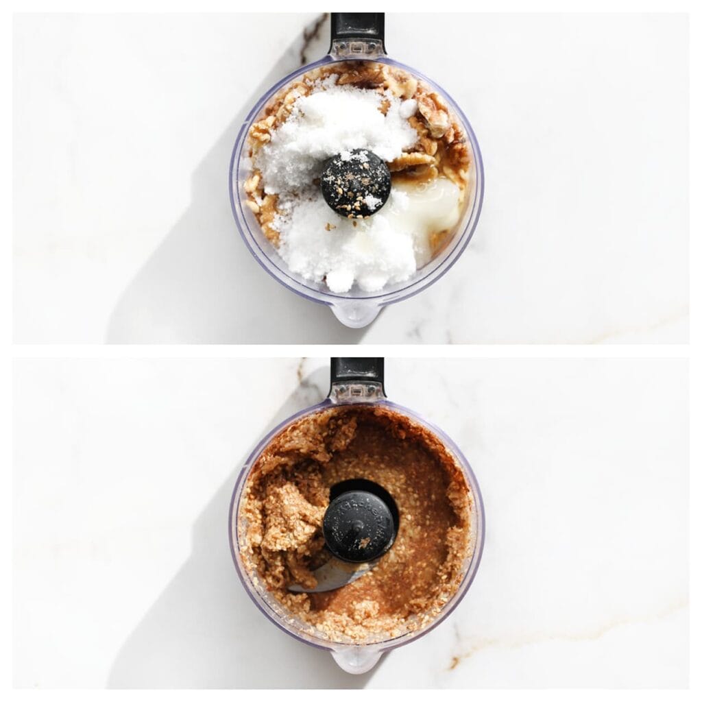 Doe de walnoten, het sesamzaad, de witte basterdsuiker, kaneelpoeder, het oranjebloesemwater en het eiwit in een hakmolen. Maal fijn tot een samenhangende massa.