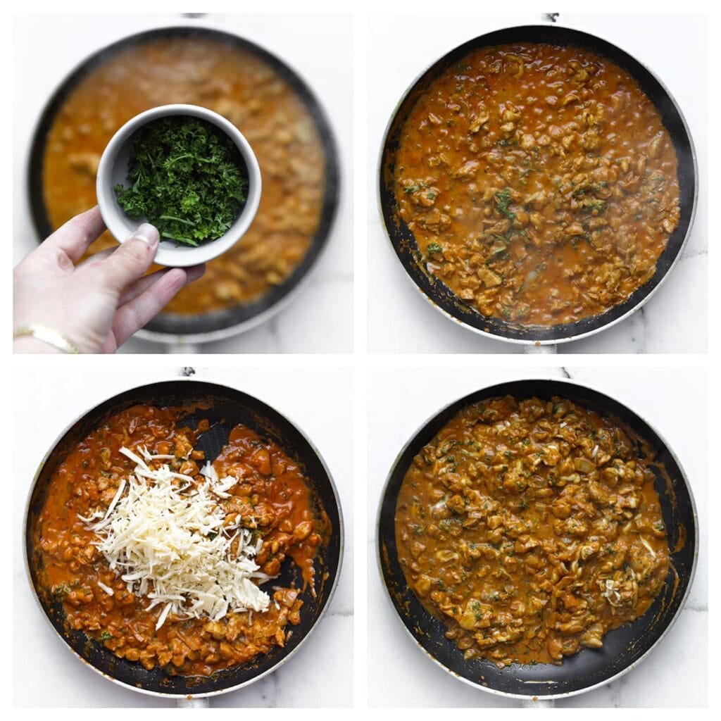 Haal de pan van het vuur en voeg de gehakte peterselie en geraspte kaas toe. Meng goed en laat volledig afkoelen.