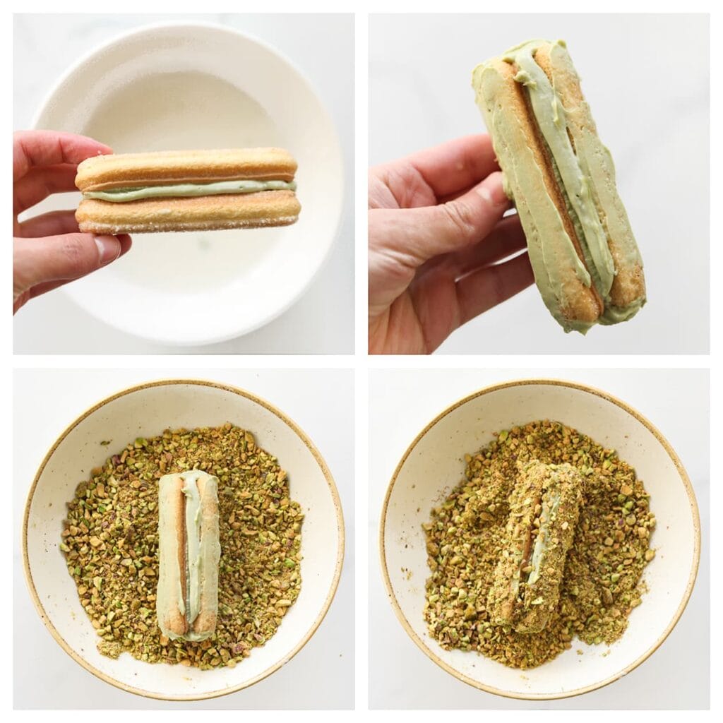 Giet de melk in een kom. Besmeer de zijkanten van elk gebakje met pistacheroom. Dompel het gebakje kort in de melk en druk de zijkanten vervolgens in de gehakte pistachenoten.