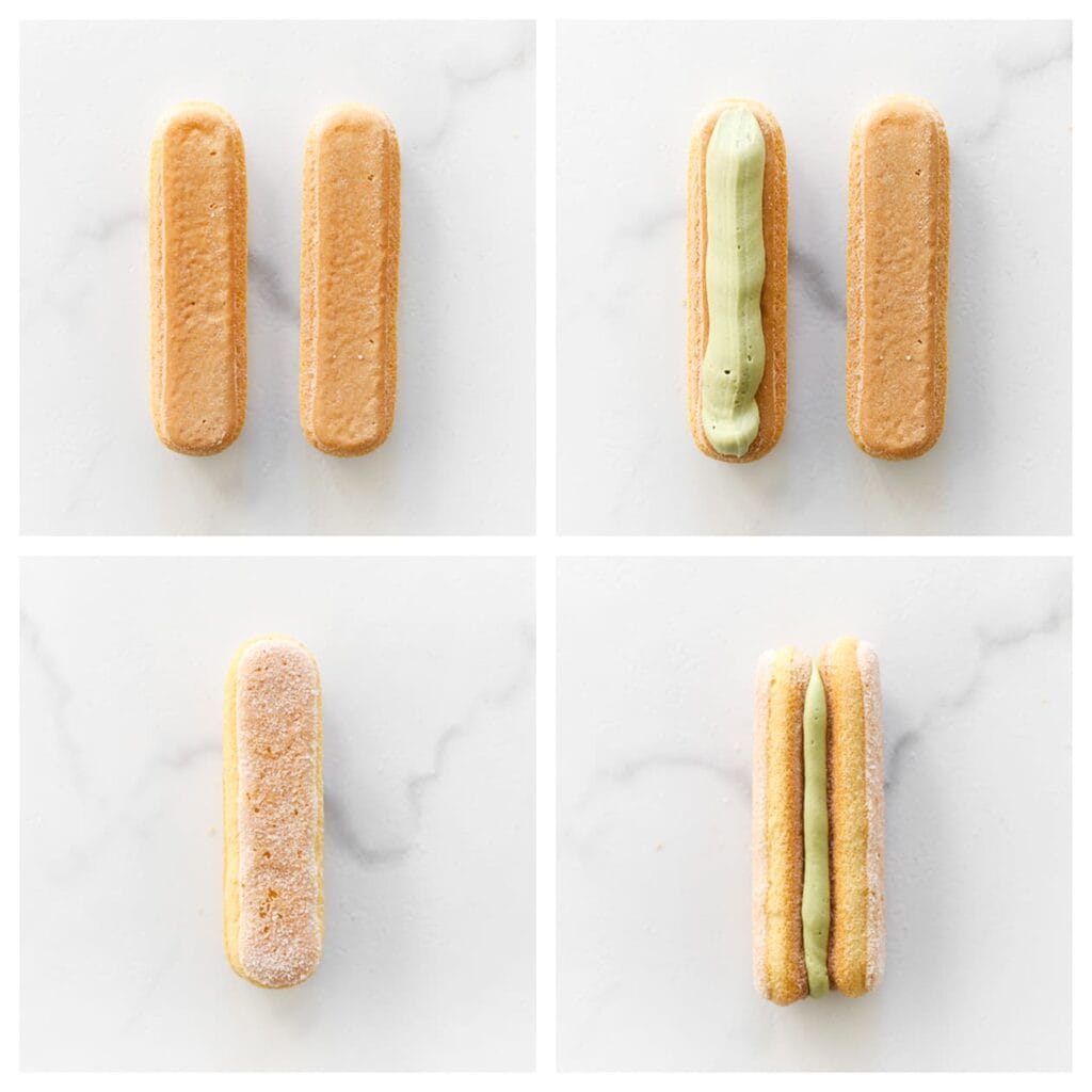 Neem een lange vinger en spuit er een toefje pistacheroom op. Plaats er een andere lange vinger bovenop en druk goed aan.