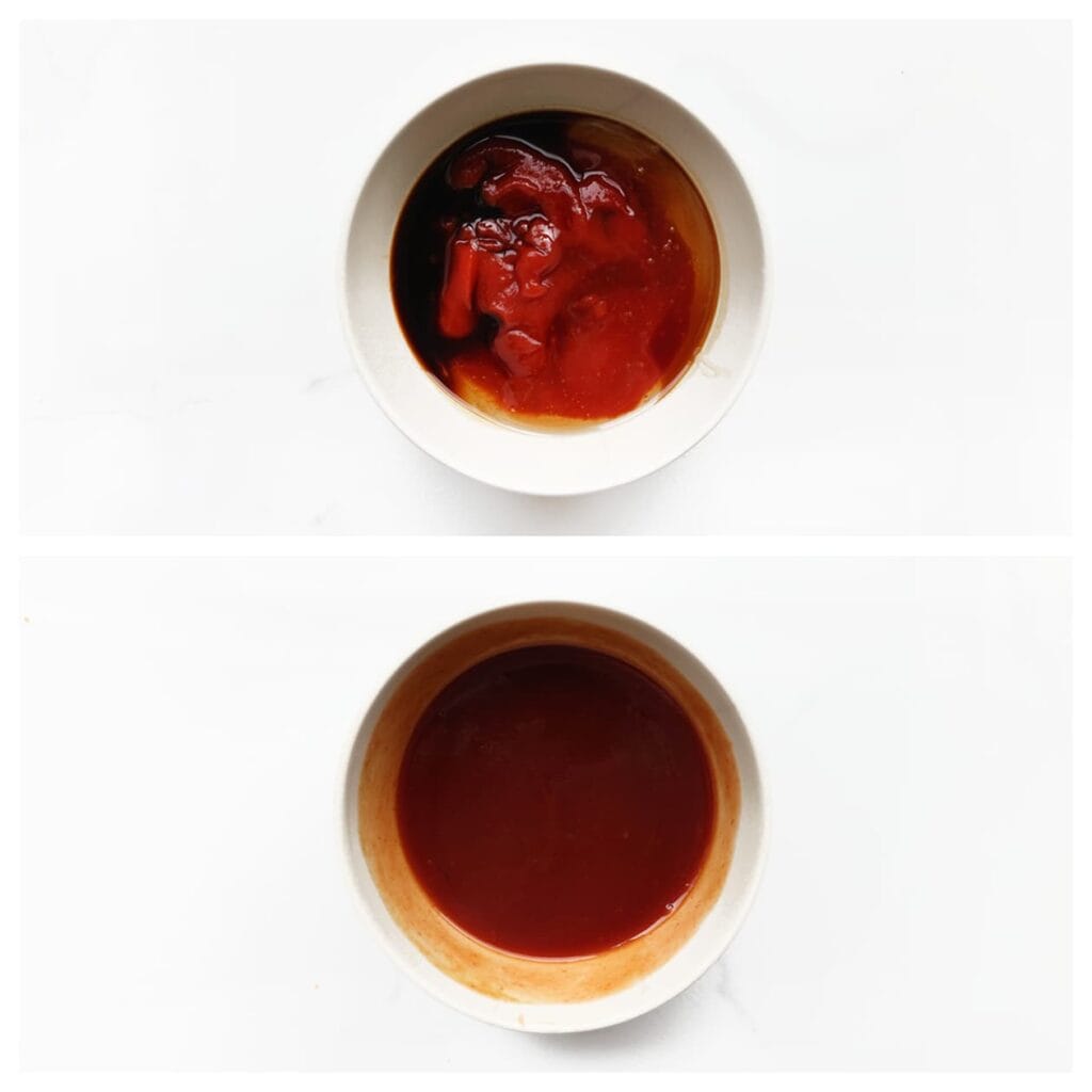 Meng in een kom de honing, ketchup en sojasaus tot een gladde saus.