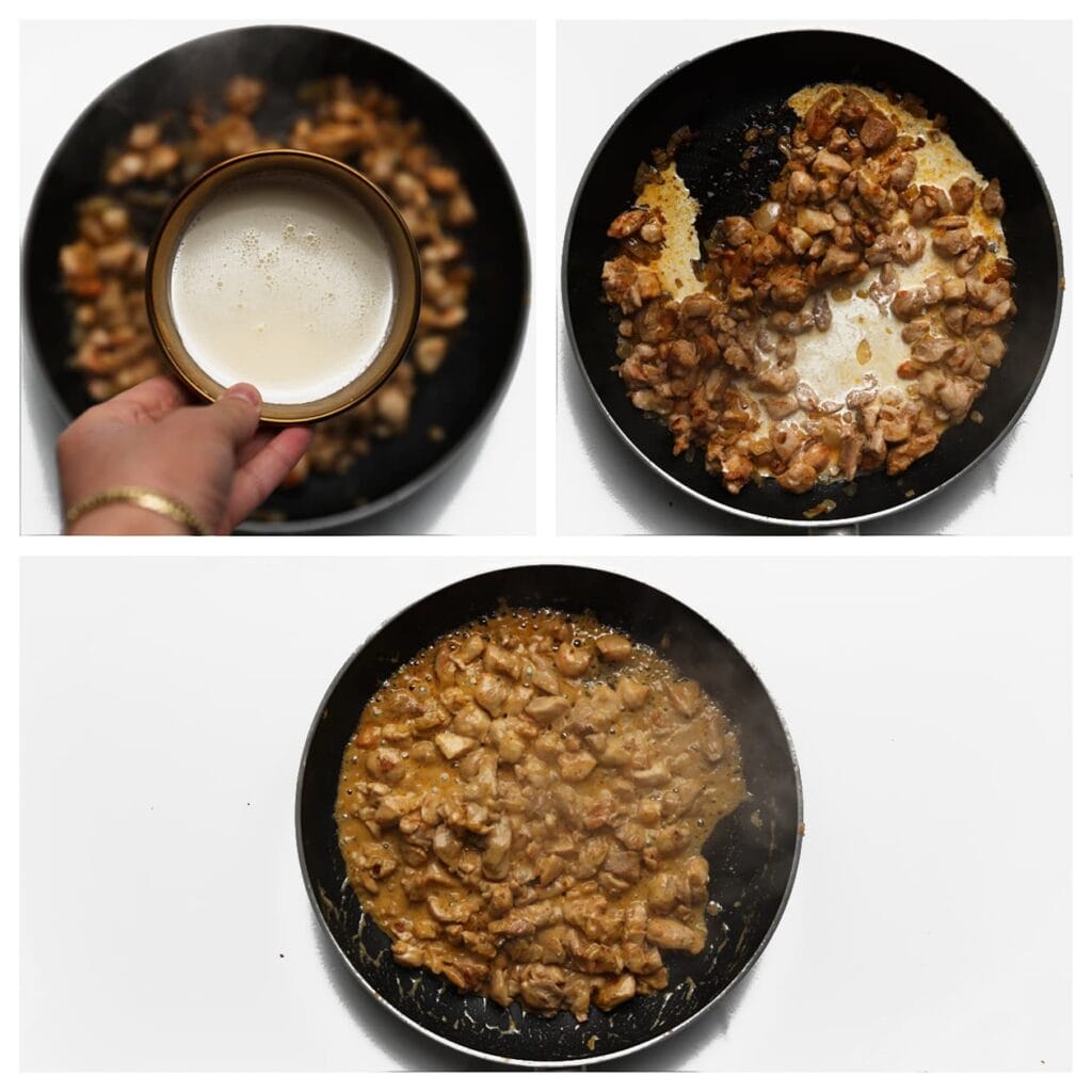 Schenk de slagroom erbij en laat op hoog vuur inkoken tot de saus dikker wordt. Blijf erbij staan, dit gaat snel.