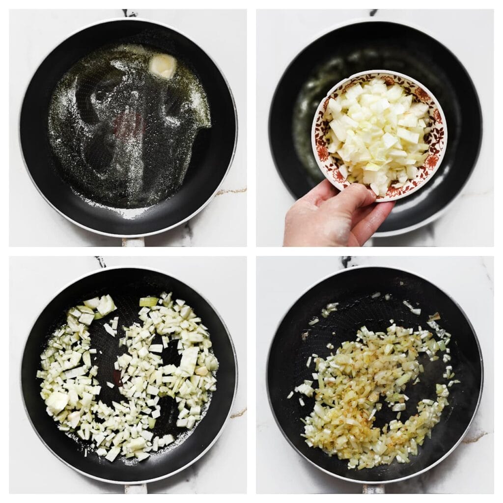 Verhit de olijfolie samen met de roomboter in een koekenpan op middelhoog vuur. Voeg de gesnipperde gele ui toe en bak 4-5 minuten tot deze glazig is.