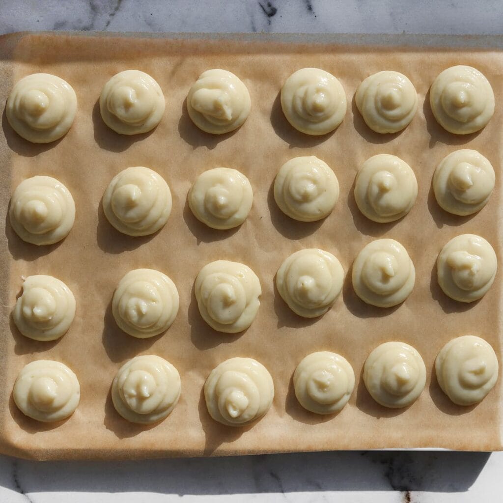 Spuit porties van ongeveer 25 gram op een vel bakpapier. Plaats dit 1 uur in de vriezer om op te stijven.