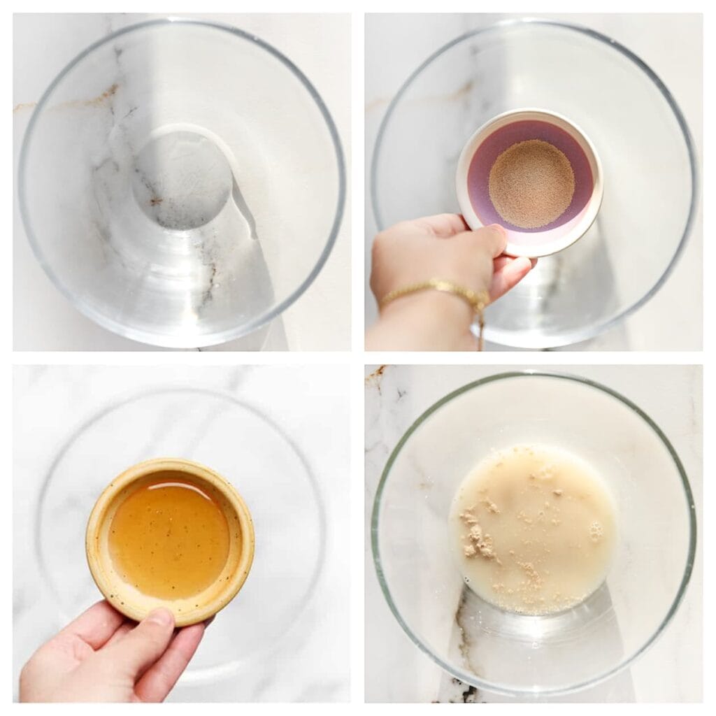 Meng het lauwwarme water, de gist en honing in een kom. Laat 5 minuten rusten.