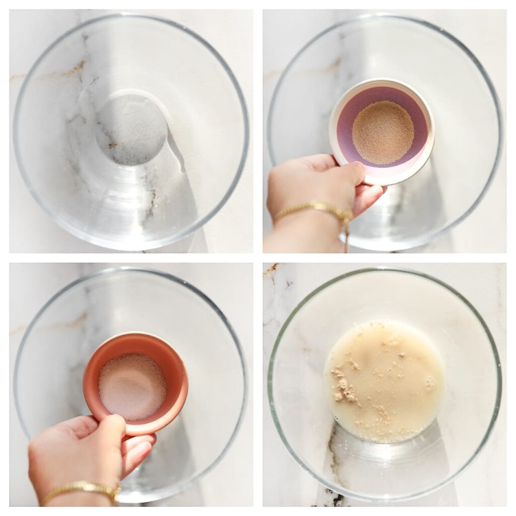 Doe het lauwwarme water, de gist en suiker in een diepe kom. Roer goed door en laat 5 minuten rusten.