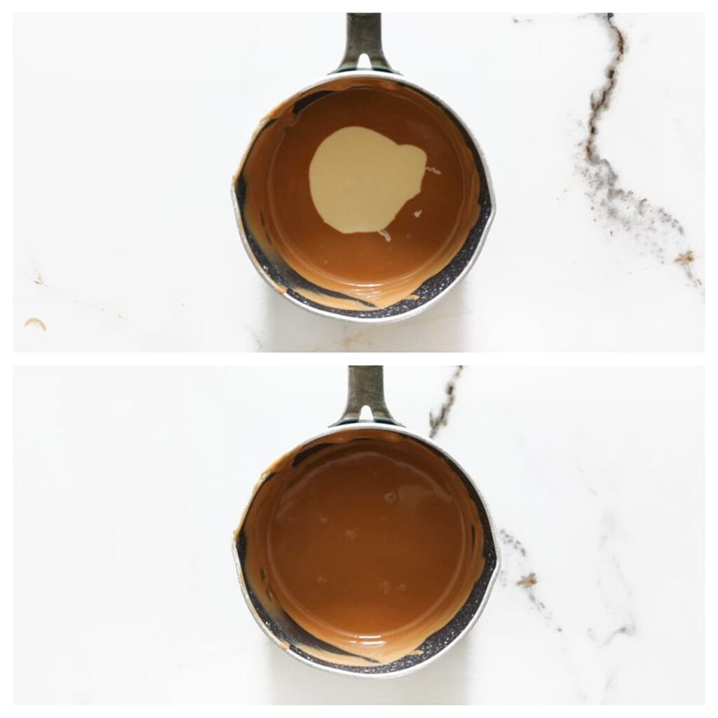 Meng de resterende 60 gram witte chocolade door de gesmolten biscoff pasta tot een gladde massa.