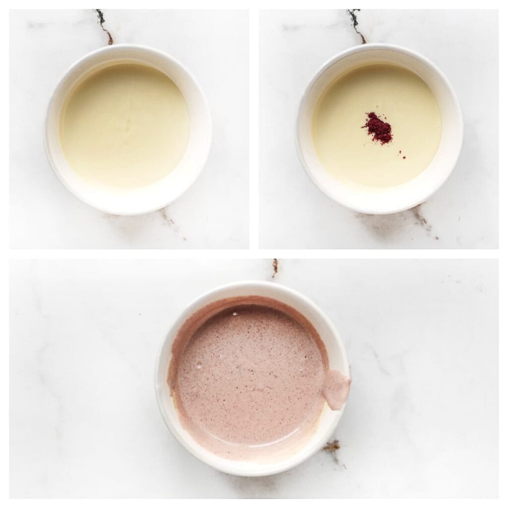 Smelt 150 gram witte chocolade au bain-marie. Voeg 1 gram bosbessenpoeder toe en meng goed. Doe dit mengsel in een spuitzak.