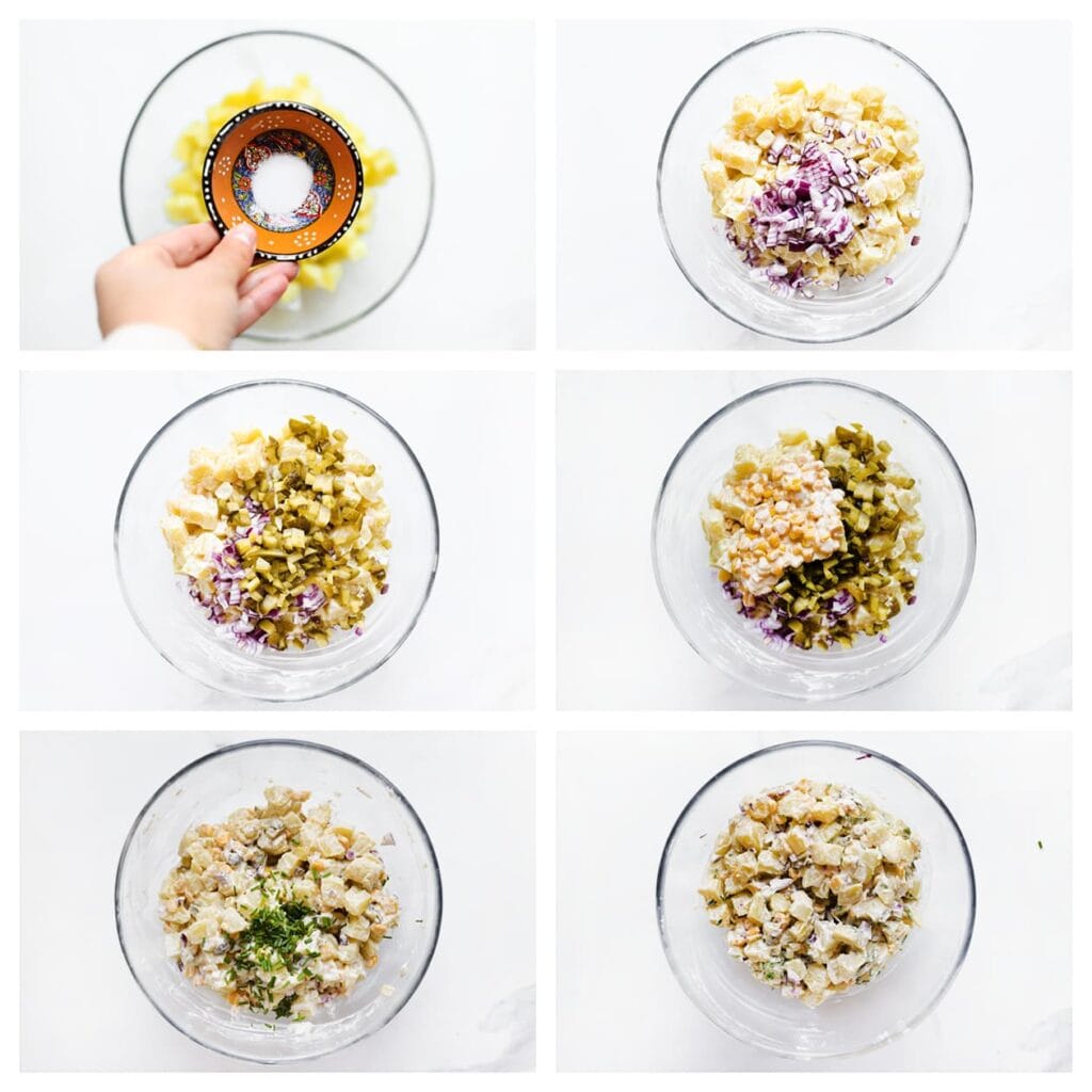 Voeg het zout, de zwarte peper, rode ui en augurk toe. Meng alles goed door elkaar. Strooi tot slot de bieslook erover en meng nogmaals tot een romige, frisse salade.