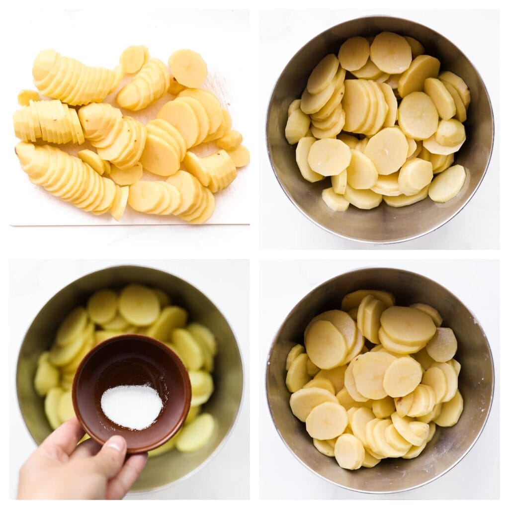 Schil de aardappels en snijd ze in dunne plakjes. Doe ze in een diepe kom en meng met het zout.