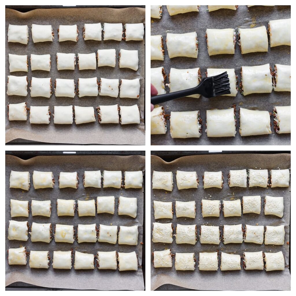 Leg de bladerdeeghapjes op een met bakpapier beklede bakplaat. Bestrijk ze met een geklutste ei en bestrooi met sesamzaad.