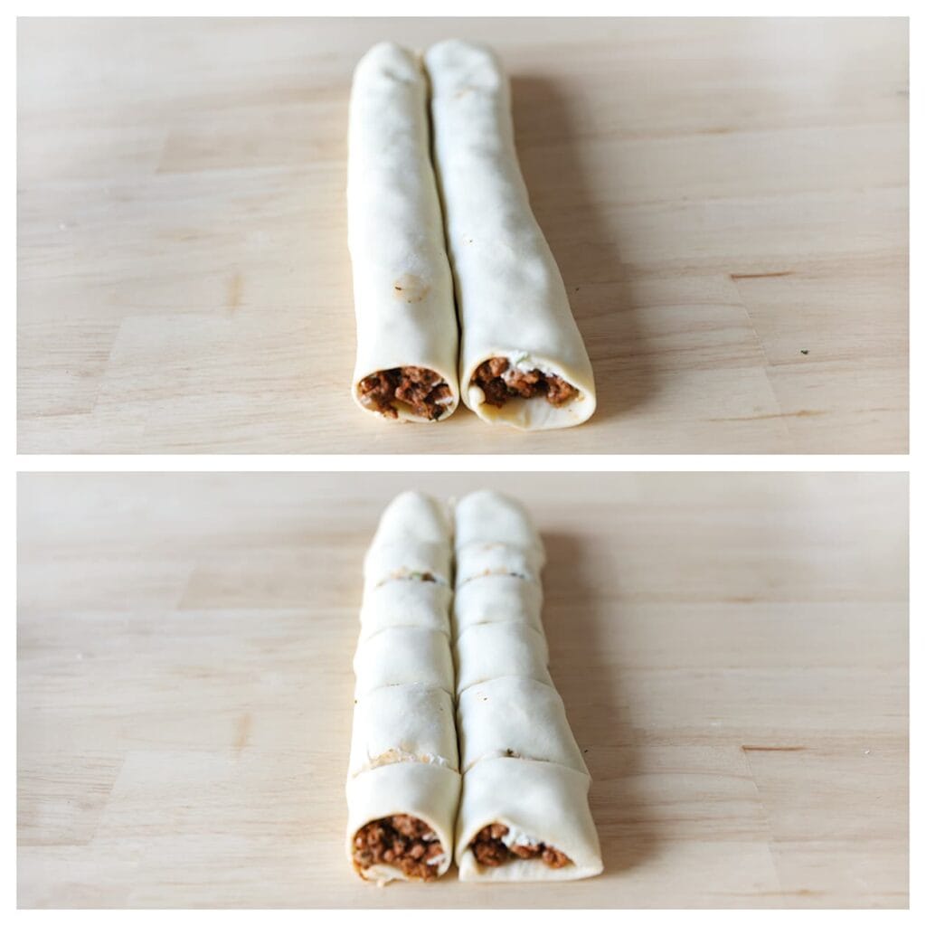 Snijd de gevulde bladerdeegrollen in stukken naar wens.