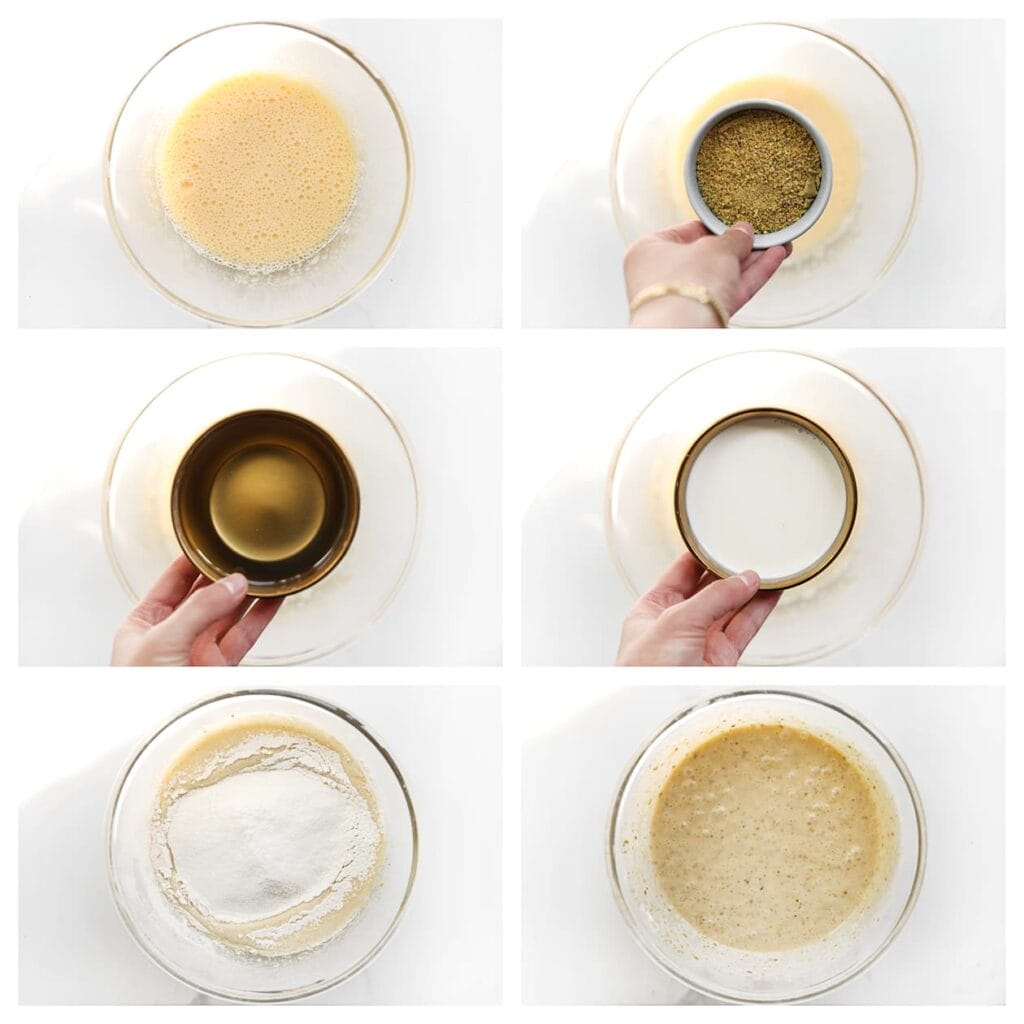 Voeg de fijngemalen pistachenoten, zonnebloemolie en melk toe. Mix kort door. Zeef de bloem en het bakpoeder boven de kom en mix tot een glad beslag.