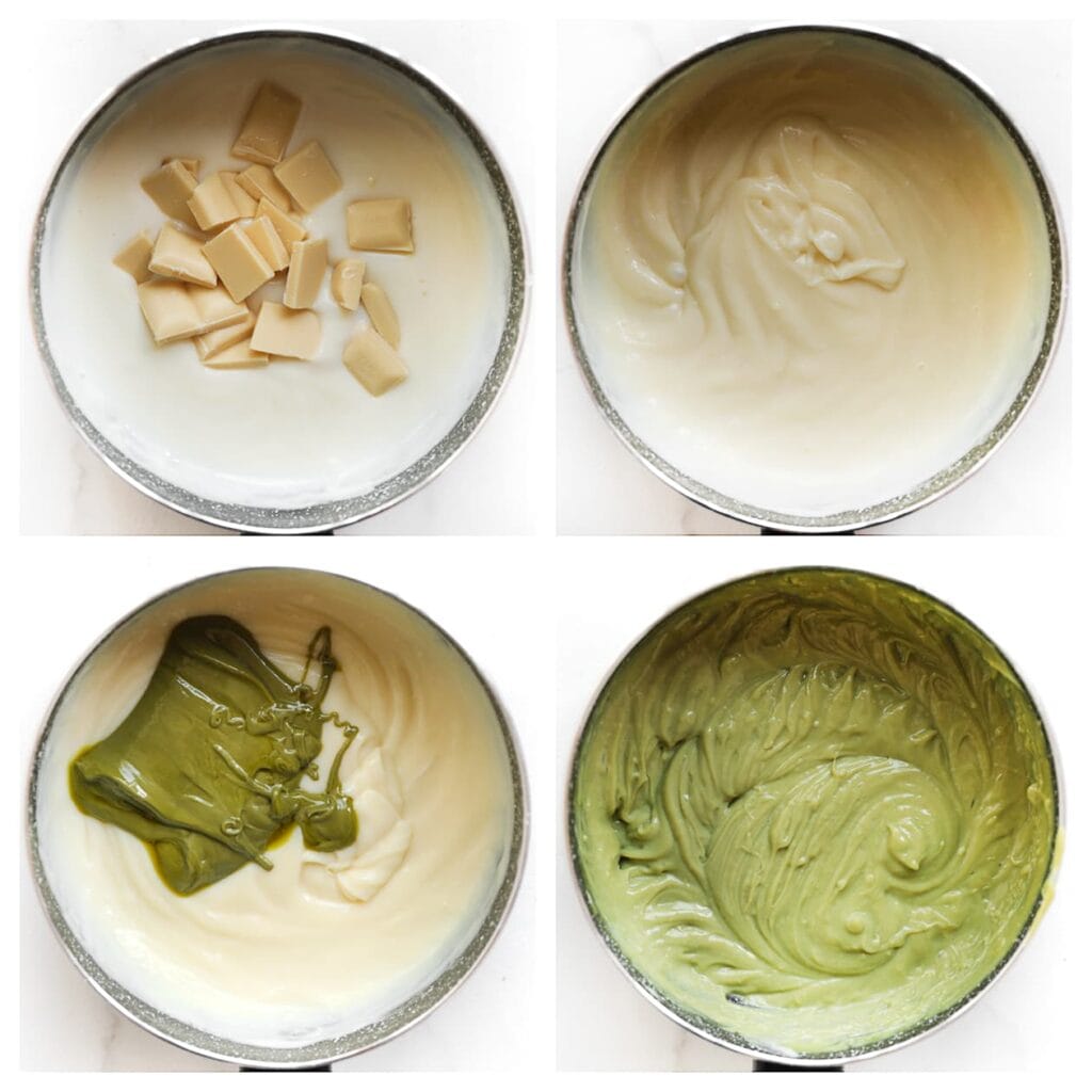 Haal de pan van het vuur, voeg de witte chocolade toe en laat 1 minuut staan. Roer tot de chocolade volledig is gesmolten. Voeg de pistachepasta toe en meng tot een egaal mengsel.