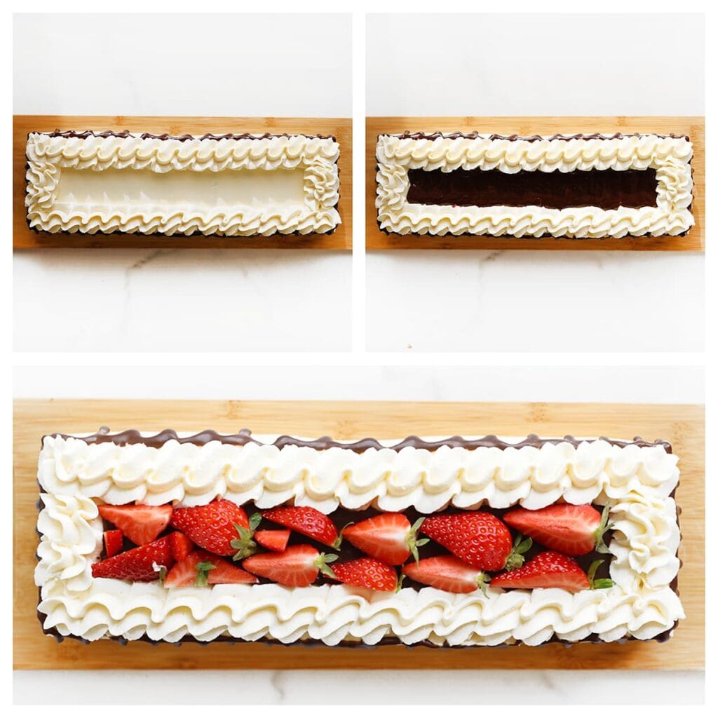 Spuit sierlijke toefjes room langs de zijkanten bovenop de chocoladecakejes. Giet de ganache in het midden van de cakejes. Garneer met verse stukjes aardbei.