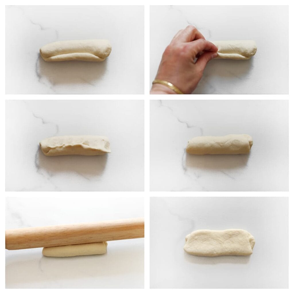 Druk de naad goed dicht en rol nog even heen en weer voor een gelijkmatige vorm. Rol de staaf daarna plat met een deegroller.