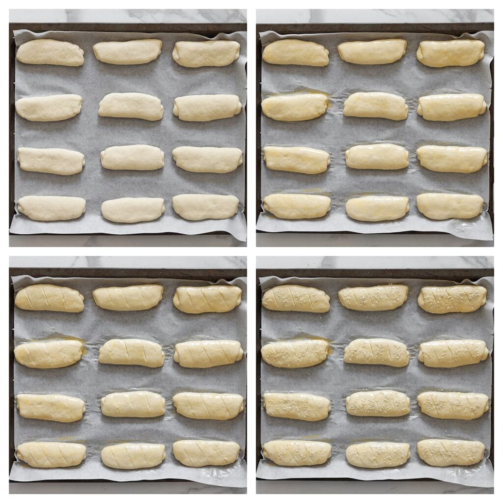 Leg het deeg op een met bakpapier beklede bakplaat. Bestrijk met een losgeklopt ei, maak sneetjes bovenop en bestrooi met sesamzaad.