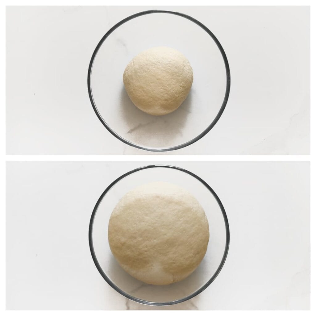 Dek het deeg af en laat het 1 uur rijzen op een warme plek, of tot het in omvang is verdubbeld.