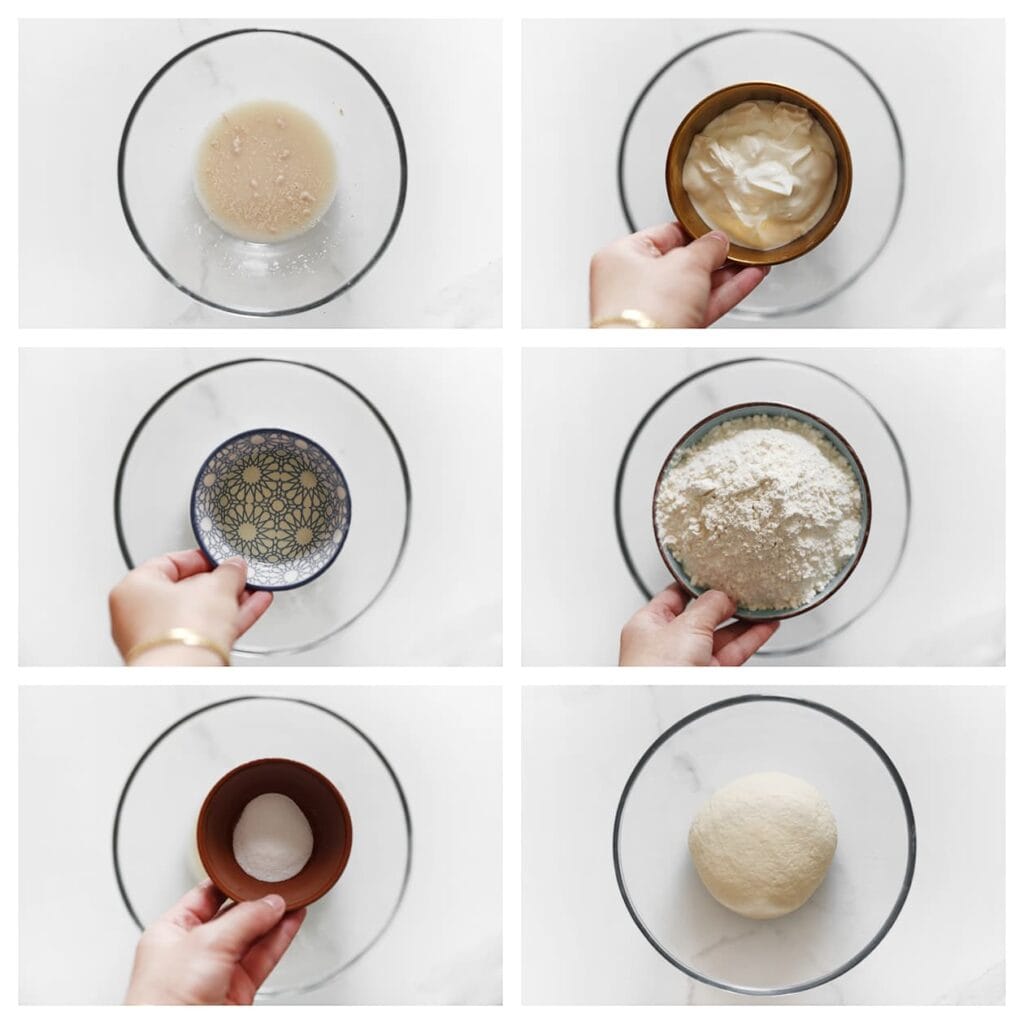 Voeg de Griekse yoghurt en zonnebloemolie toe en meng door elkaar. Voeg daarna de bloem en het zout toe. Kneed 10–12 minuten tot een samenhangend deeg.