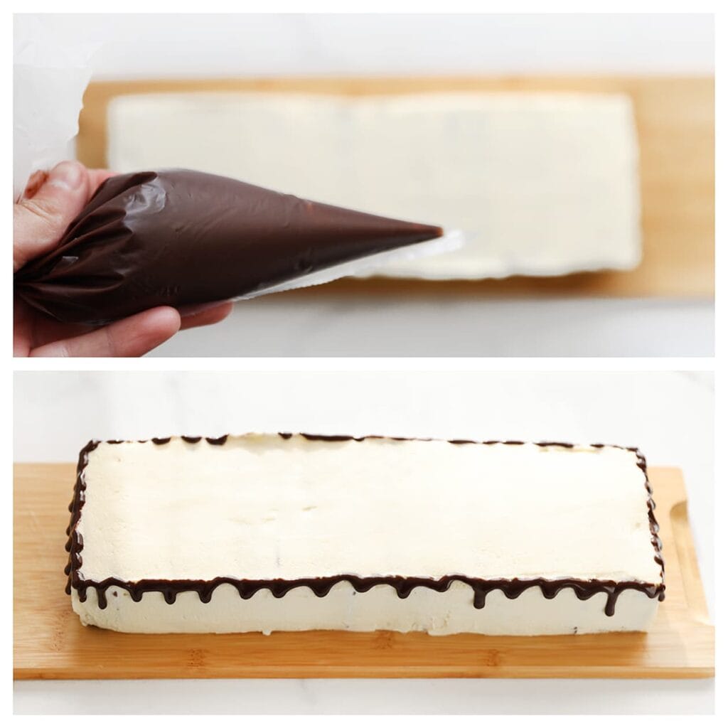 Spuit de chocoladeganache langs de zijkanten om een drip-effect te creëren.