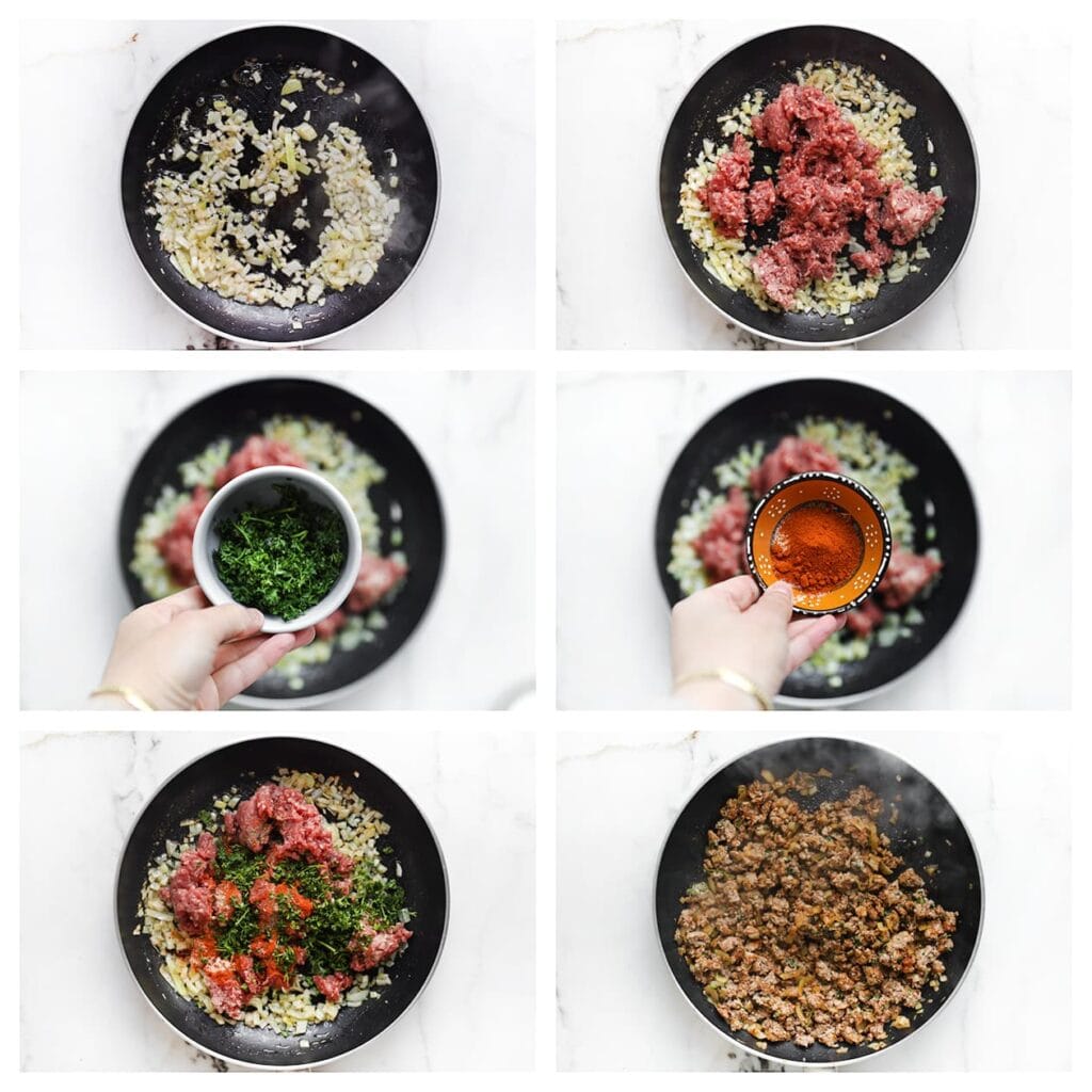 Verhit de olijfolie in een koekenpan op middelhoog vuur. Voeg de gesnipperde ui toe en bak 3-4 minuten. Voeg het gehakt toe, samen met de fijngehakte peterselie, het zout, komijnpoeder, knoflookpoeder, de cayennepeper en zwarte peper. Bak in 6-7 minuten rul.