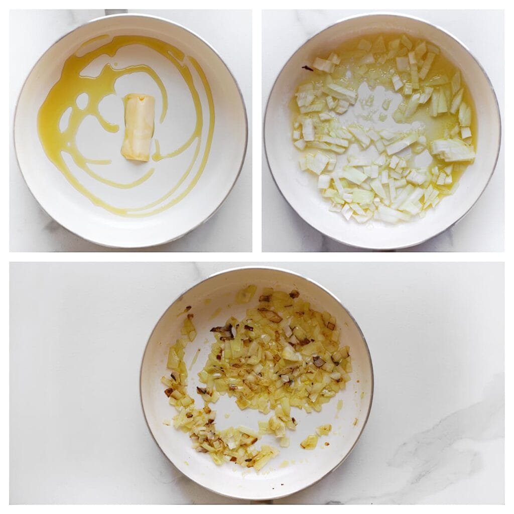 Verhit de roomboter samen met de olijfolie in een hapjespan op middelhoog vuur. Voeg de gesnipperde ui toe en bak deze in 4-5 minuten glazig.