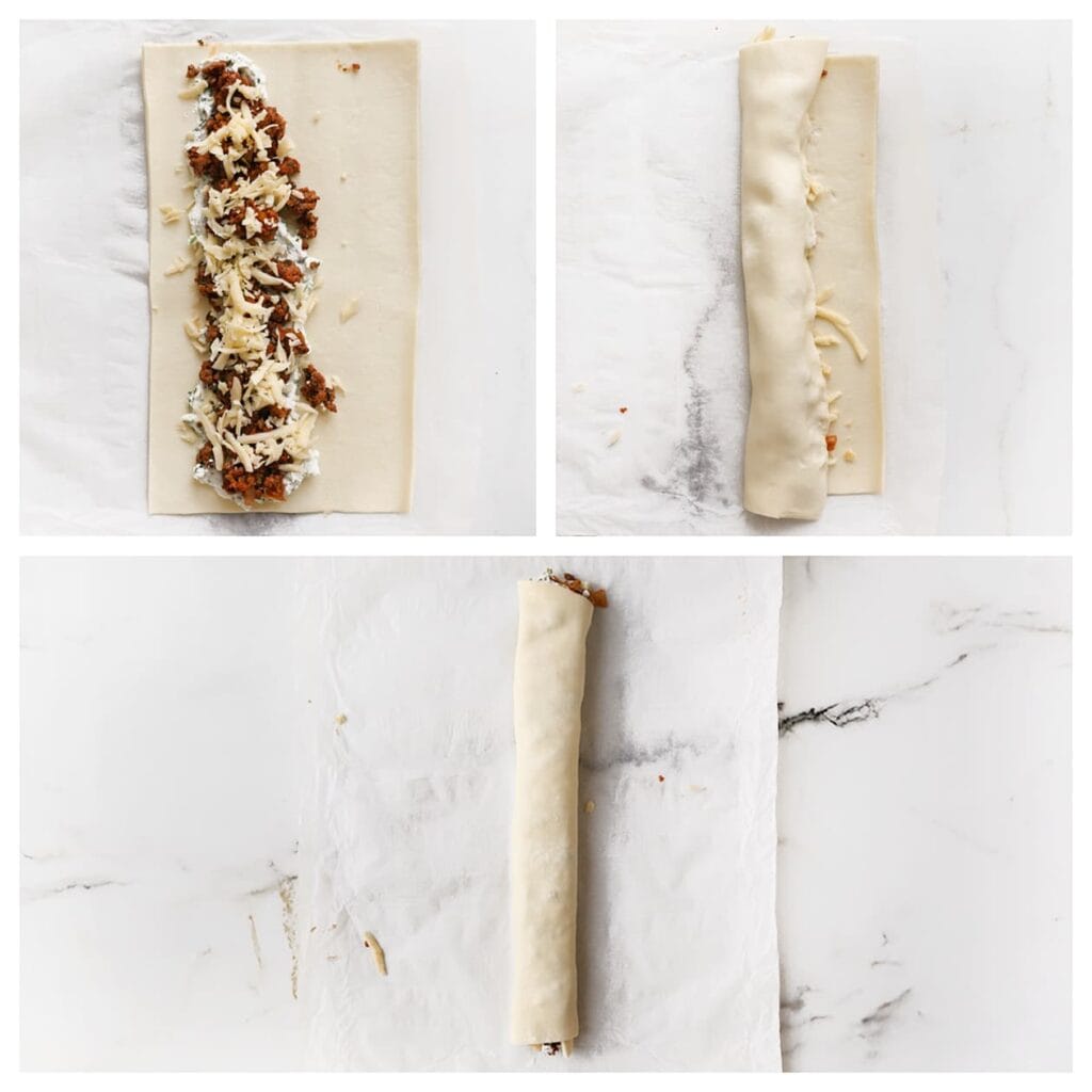Rol het bladerdeeg uit en snijd elk vel doormidden. Verdeel het ricottamengsel in de lengte als een staaf over het deeg. Schep daar het gehaktmengsel op en strooi er wat geraspte kaas overheen. Rol strak op. Herhaal dit met de rest van het bladerdeeg.