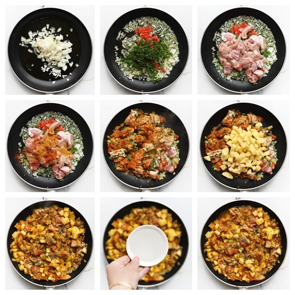 Verhit de olijfolie in een koekenpan op middelhoog vuur. Voeg de gele ui toe en bak 3-4 minuten. Voeg de tomaat, peterselie, kippendijen, het zout, de ras el hanout, knoflookpoeder, cayennepeper en kurkuma toe. Meng goed. Voeg de aardappels toe en bak kort mee. Schenk het water erbij en dek de pan af. Laat het geheel 25 minuten zachtjes koken, of totdat de aardappels zacht zijn. Is er nog veel jus over? Verwijder dan de deksel en laat het op hoog vuur indikken. Blijf erbij om te voorkomen dat het aanbrandt.