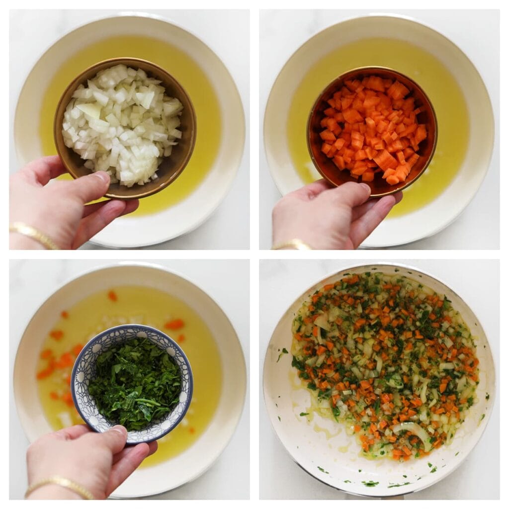 Verhit de roomboter samen met de olijfolie in een hapjespan op middelhoog vuur. Voeg de gesnipperde ui, fijngehakte wortel en peterselie toe. Bak 3–4 minuten.