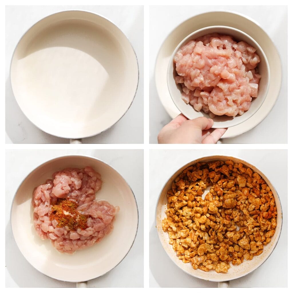 Verhit de olijfolie in een hapjespan op middelhoog vuur. Voeg de stukjes kip, het zout, de ras el hanout, cayennepeper, paprikapoeder en knoflookpoeder toe. Bak 4 minuten.