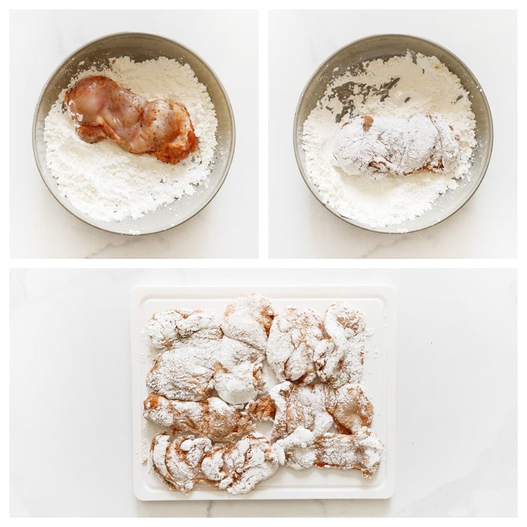 Haal de kip uit de koelkast. Doe de maïzena in een kom en haal elk stuk kip erdoor. Voor extra krokantheid kun je dit twee keer doen.