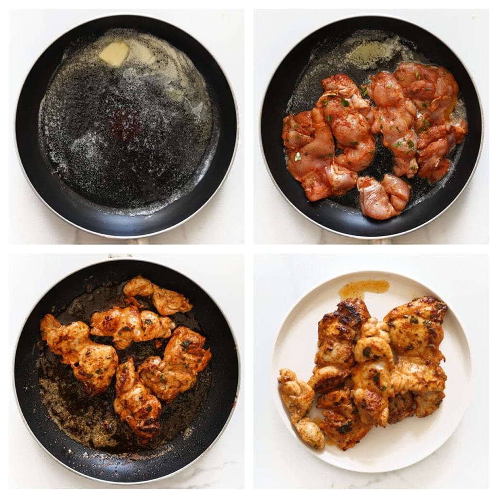 Verhit 25 gram roomboter in een koekenpan op middelhoog vuur. Voeg de kip toe en bak tot deze gaar is. Schep daarna uit de pan.