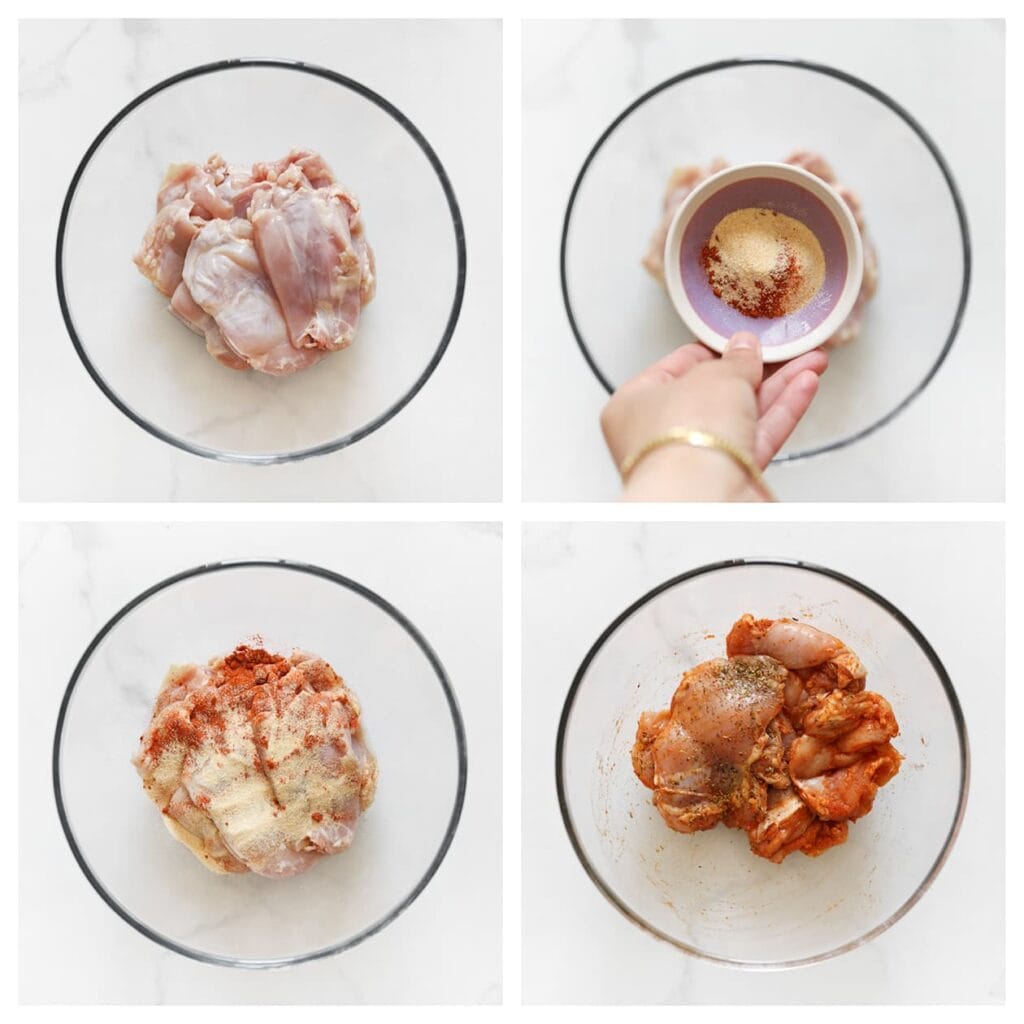 Was de kippendijen en snijd ze in plakken. Doe ze in een kom en voeg het zout, uienpoeder, knoflookpoeder, de cayennepeper, Italiaanse kruiden en zwarte peper toe. Meng goed en laat afgedekt marineren in de koelkast.