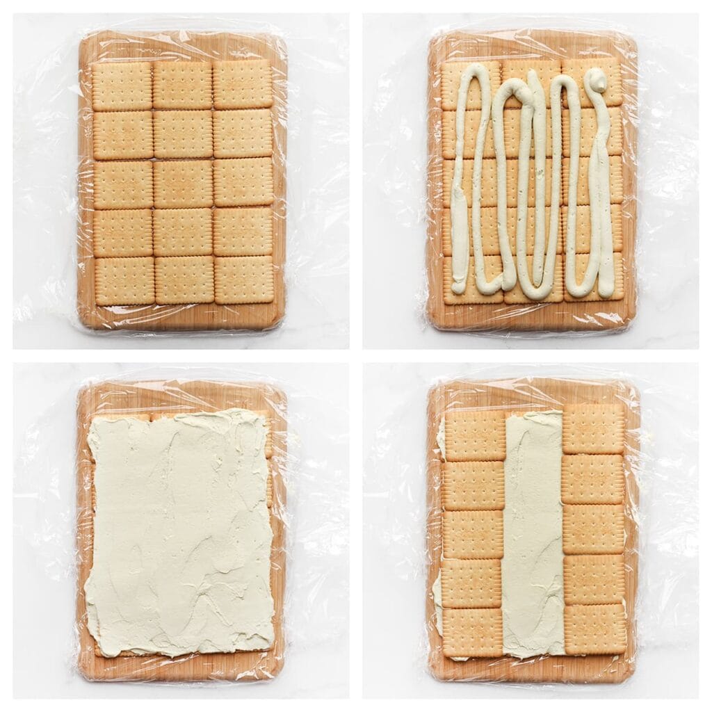 Leg een vel huishoudfolie op een onderlegger of snijplank. Plaats de petit beurre koekjes in drie rijen van vier op de folie. Verdeel een deel van de room over de koekjes. Voeg aan de linker- en rechterzijde nog elk een rij koekjes toe.