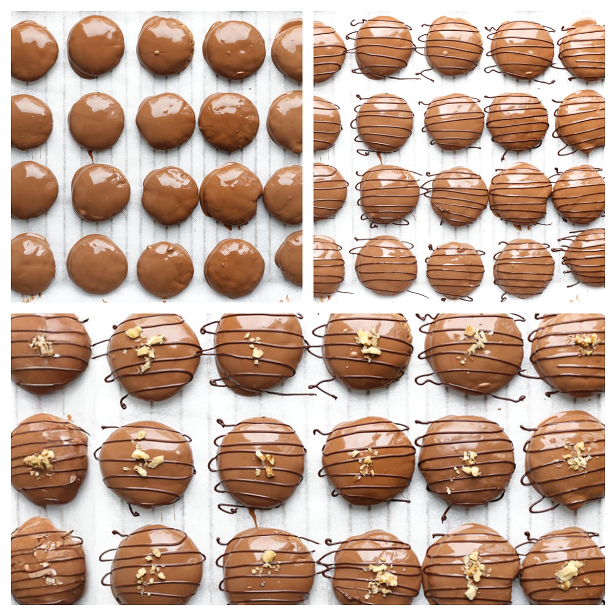 Koekjes garneren met chocoladelijntjes en walnoten