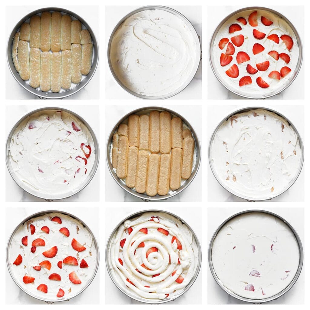 Doop de lange vingers kort in melk en leg ze op de bodem van een springvorm. Verdeel hier een laag room over en verdeel wat stukjes aardbei. Herhaal met een tweede laag room. Doop opnieuw lange vingers in melk en leg deze erbovenop. Verdeel de resterende aardbeien erover en eindig met een laatste laag room. Strijk glad.