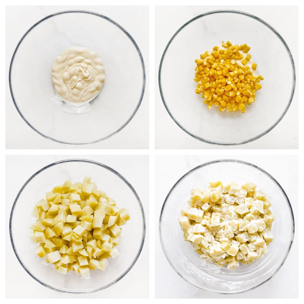 Doe de mayonaise, maïs en aardappelblokjes in een diepe kom. Meng goed.