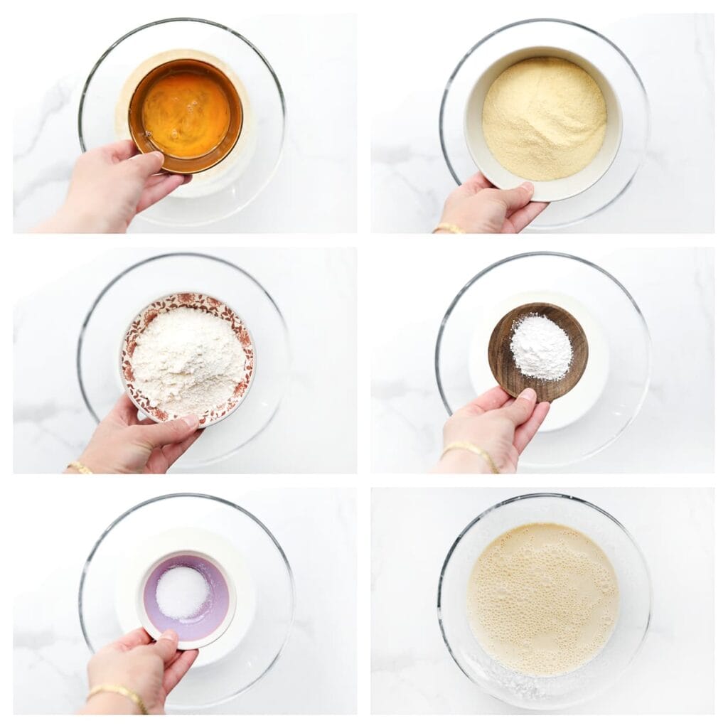 Voeg vervolgens de geklutste eieren, fijne griesmeel, bloem, het bakpoeder en zout toe. Meng tot een glad beslag. Dek de kom af en laat het beslag 20–30 minuten rijzen op een warme plek.