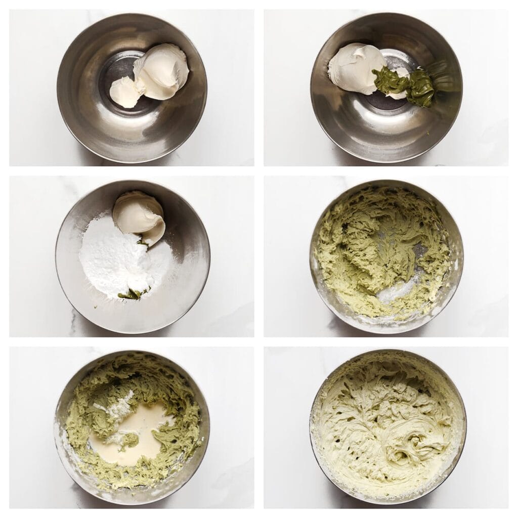 Doe de mascarpone, pistachepasta, poedersuiker, vanillesuiker en klopfix in een diepe kom. Mix 1 minuut. Voeg beetje bij beetje de ongeklopte slagroom toe en mix tot het mengsel stevig is.